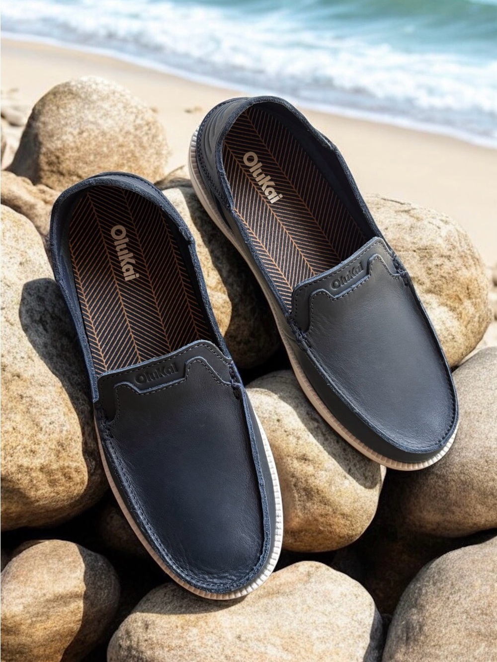 OluKai Kākaha Nia Men’s Navy Blue Leather Slip-On Shoes